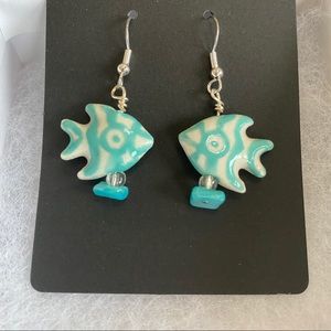 3/$18 Beachy Turquoise Chip & Ceramic Fish Earrings